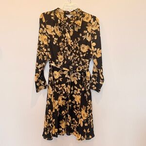 Nanette Lepore Sz 14 Brown Floral Midi Dress BOHO pleated button up belt AZ